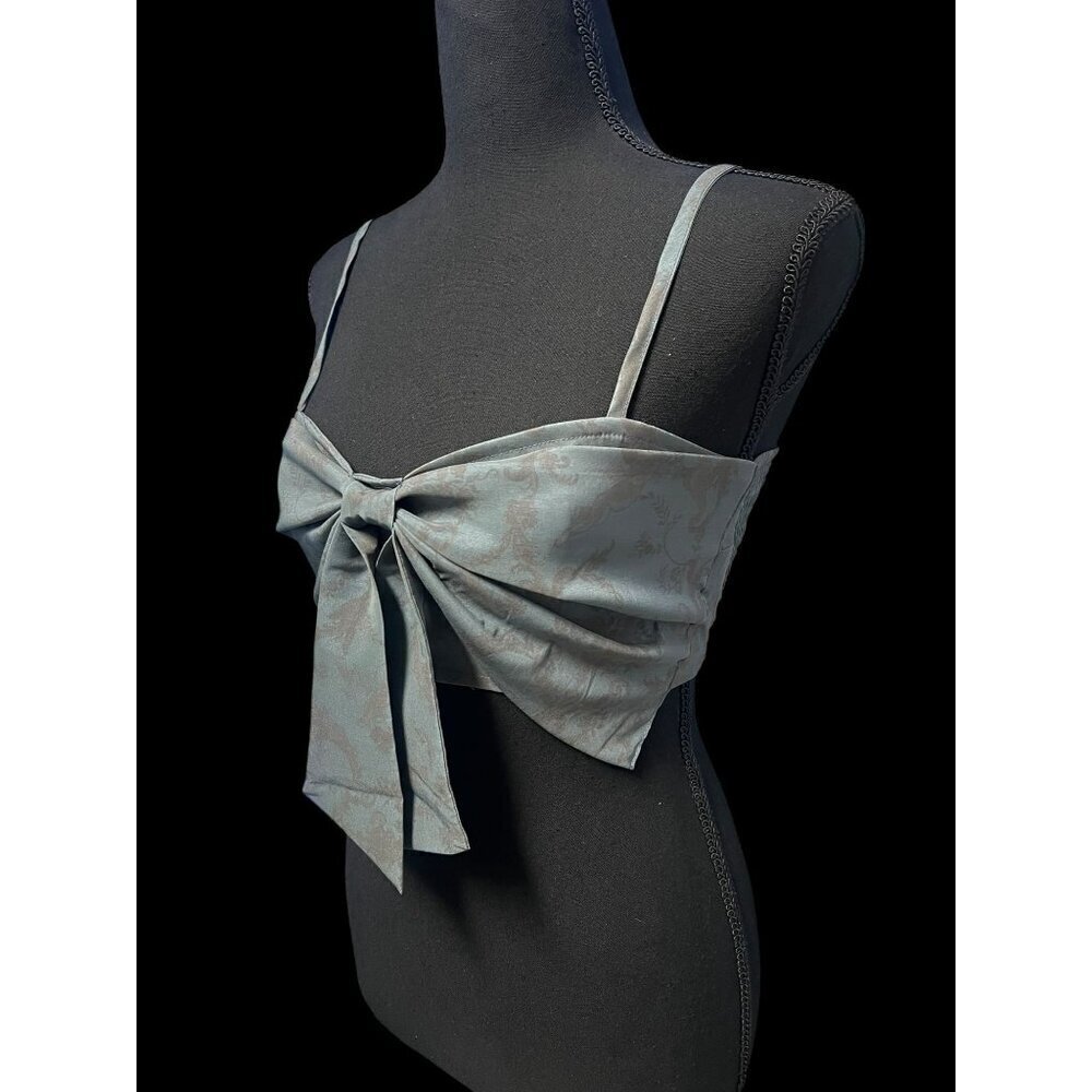 KIMCHI BLUE Womens Blue Jacquard Bow Detail CropTop, Adjustable Straps, Smocked - Picture 3 of 13